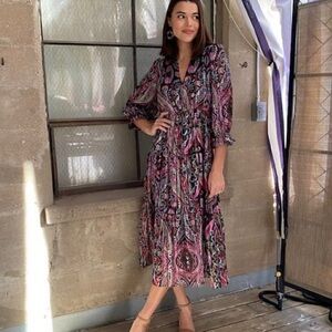 Elan Black Floral Paisley Metallic Chiffon V-Neck Boho Tiered Midi Dress